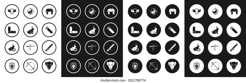Ponga sombrero de cazador, conejo, cartuchos, cuernos de alce en escudo, Quiver con flechas, cruces de conejo, cuchillo e ícono. Vector