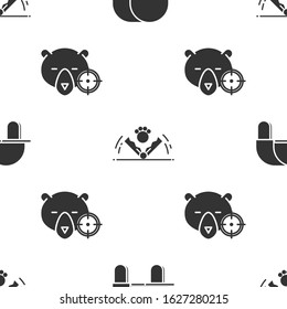 Set Hunter hat, Trap hunting and Hunt on bear with crosshairs on seamless pattern. Vector