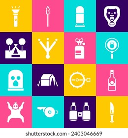 Set Hunter cuchillo, Botella de vodka, Paw search, Bullet, Bird footprint, Tourist tienda, Flashlight y el icono de la estufa de gas Camping. Vector