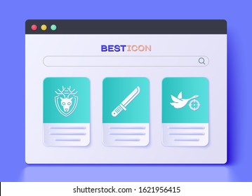 Set Hunter knife, Deer head with antlers on shield and Hunt on duck with crosshairs icon. Vector