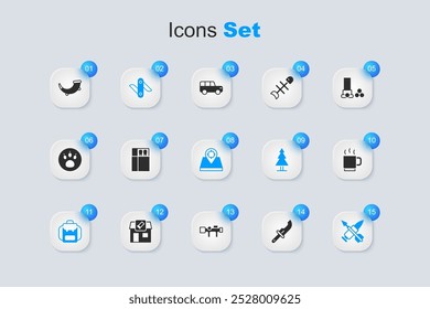 Set Hunter knife, Open matchbox and matches, Swiss army, Hiking backpack, Crossed bullet with arrow, Coffee cup, Hunting horn and place icon. Vector