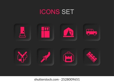Set Hunter faca, Abrir caixa de fósforos e fósforos, Cartuchos, mochila de caminhada, carro Safari, cinto de cartucho de caça, tenda turística e ícone Slingshot. Vetor