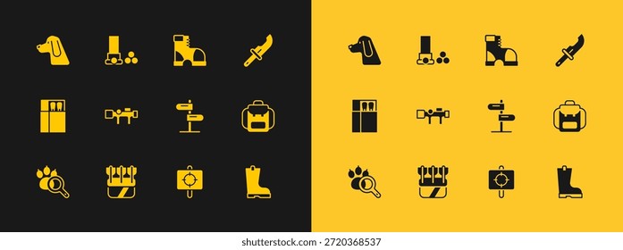 Set Hunter knife, Quiver with arrows, Road traffic sign, Target sport, Sniper optical sight, boots, Hunting dog and Cartridges icon. Vector