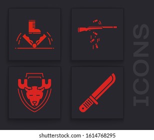 Set Hunter knife, Trap hunting, Gun shooting and Moose head on shield icon. Vector