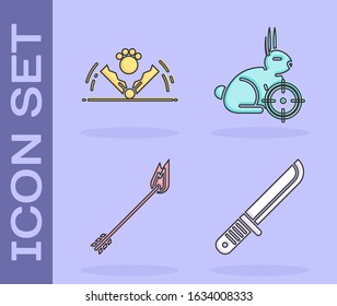 Set Hunter knife, Trap hunting, Flame arrow and Hunt on rabbit with crosshairs icon. Vector