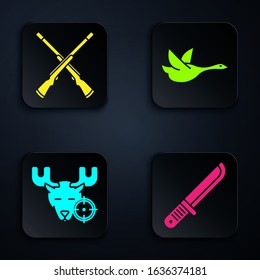 Set Hunter knife, Two crossed shotguns, Hunt on moose with crosshairs and Flying duck. Black square button. Vector