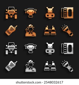 Set Hunter, Matchbox und Streichhölzer, Taschenlampe, Fernglas, Walkie Talkie, Hippo oder Hippopotamus, Geländewagen und afrikanisches Büffelkopfsymbol. Vektorgrafik