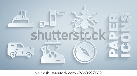 Set Hunter, Mosquito, Off road car, Compass, Swiss army knife and hat icon. Vector