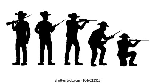 Set Of Hunter With Rifle Gun Silhouette Vector