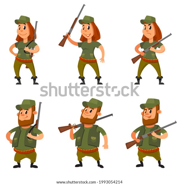 Set Hunters Different Poses Male Female Stock Vector (Royalty Free ...