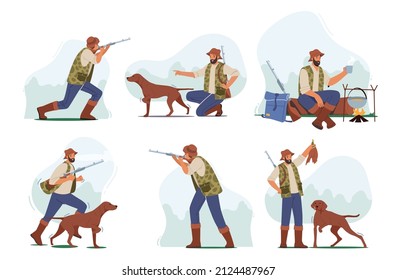 Set of Hunters, Man Shoot with Rifle, Relax in Camp, Run with Dog Hunting, Summertime Hobby, Sport or Outdoor Activity, Male Character Wear Camouflage with Weapon. Cartoon People Vector Illustration