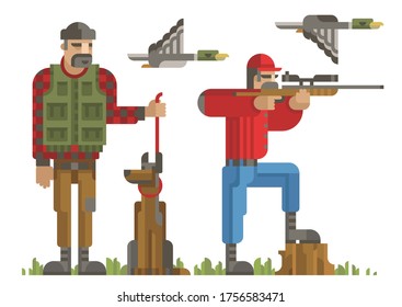 Satz von Jägern Silhouette in verschiedenen Posen mit Waffen, Pistole, Gewehr, Hund, Ente. Moderner geometrischer Flachstil. Jäger für Design, Web, Infografik. Einzige Vektorgrafik auf weißem Hintergrund.