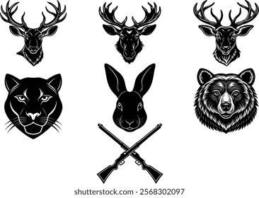 Set of Hunting animal and hunting Gun Vector Illustration