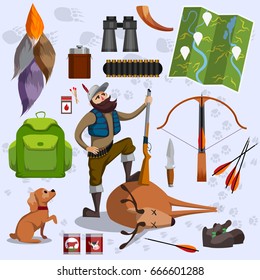 Set for hunting. Character in the style of flat.
