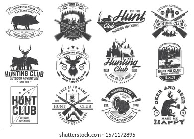 Set of Hunting club badge. Vector Concept for shirt, label, print, stamp. Vintage typography design with hunting gun, boar, hunter, bear, deer, mountains and forest. Outdoor adventure hunt club emblem