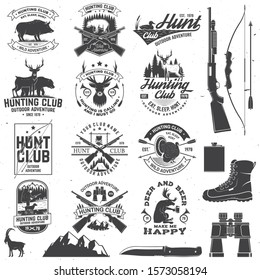 Set of Hunting club badge. Vector Concept for shirt, label, print, stamp. Vintage typography design with hunting gun, boar, hunter, bear, deer, mountains and forest. Outdoor adventure hunt club emblem