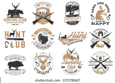 Set Of Hunting Club Badge. Vector Concept For Shirt, Label, Print, Stamp. Vintage Typography Design With Hunting Gun, Boar, Hunter, Bear, Deer, Mountains And Forest. Outdoor Adventure Hunt Club Emblem