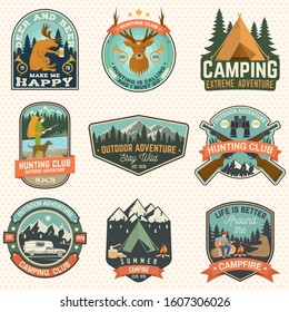 Set of hunting club and camping club badge. Vector. Concept for shirt or logo, print, stamp, patch. Vintage design with rv trailer, camping tent, boar, deer, bear and forest silhouette