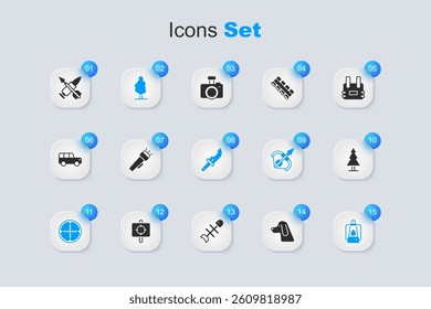 Set Hunting dog, Flashlight, Tree, Sniper optical sight, Camping lantern, Crossed bullet with arrow and Hunter knife icon. Vector