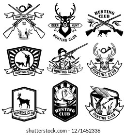 Set of hunting emblems. Hunting weapon, animals and design elements. Vector image