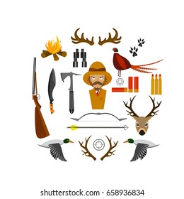 Set of hunting equipment.Vector flat  icon collection:gun, knife,axe,pheasant,bow and arrows,duck,deer,aim,fire,bullets and more. Set for banner, background, poster
