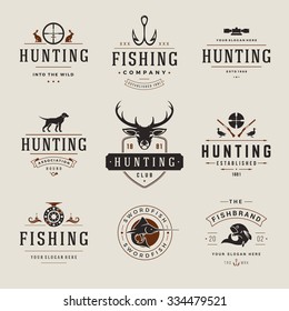 Set of Hunting and Fishing Labels, Badges, Logos Vector Design Elements Vintage Style. Deer head, hunter weapons, forest wild animals and other objects. Advertising Hunter Equipment.