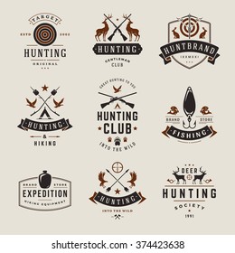 Set Of Hunting And Fishing Labels, Badges, Logos Vector Design Elements Vintage Style. Deer Head, Hunter Weapons. Advertising Hunter Equipment. Fishing Logo, Deer Logo, Rifle Logo, Camp Logo.