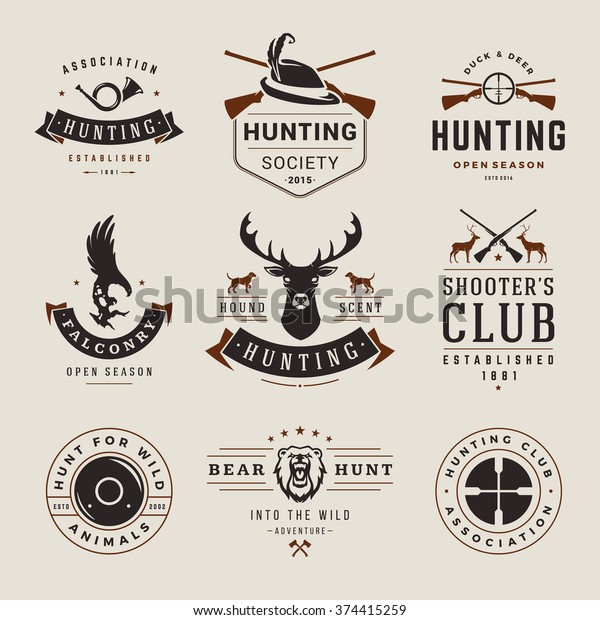 Set of Hunting and Fishing Labels, Badges, Logos\
Vector Design Elements Vintage Style. Deer Head, Hunter Weapons.\
Advertising Hunter Equipment. Eagle Logo, Deer Logo, Rifle Logo,\
Camp Logo.