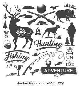 Set of hunting and fishing objects. Vector Vintage Style Design Elements. Deer, wild forest boar, dog, hunting weapon, fishing rod, ducks and other isolated objects on white