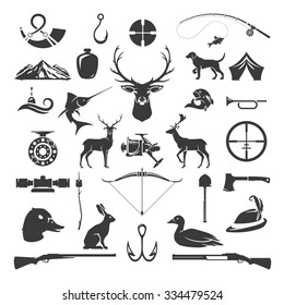 Set Of Hunting And Fishing Objects Vector Design Elements Vintage Style. Deer Head, Hunter Weapons, Forest Wild Animals And Other Isolated On White.