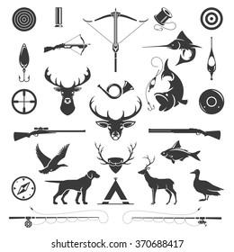 Set Of Hunting And Fishing Objects Vector Design Elements Vintage Style. Deer Head, Hunter Weapons, Forest Wild Animals Isolated On White. Deer Silhouette, Fish Silhouette, Riffle Silhouette.