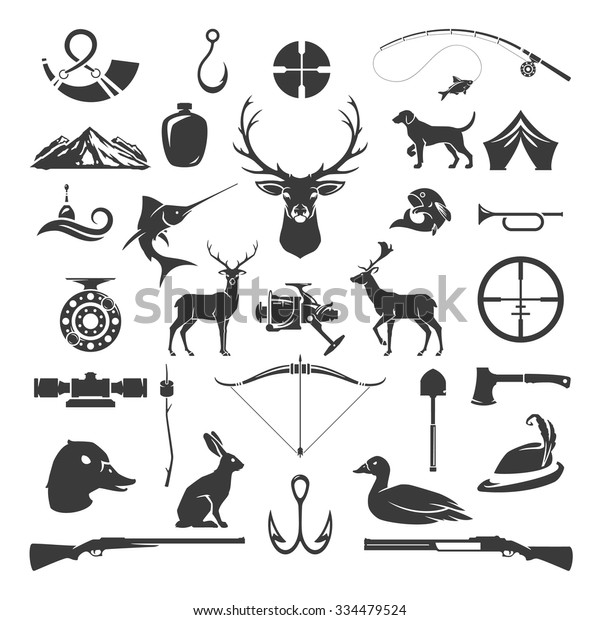 Set of Hunting and Fishing Objects\
Vector Design Elements Vintage Style. Deer head, hunter weapons,\
forest wild animals and other isolated on\
white.