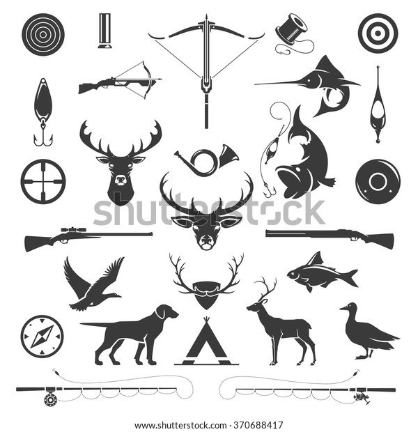 Set of Hunting and Fishing Objects Vector\
Design Elements Vintage Style. Deer head, hunter weapons, forest\
wild animals isolated on white. Deer Silhouette, Fish Silhouette,\
Riffle Silhouette.