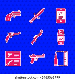 Pistola de caza, águila del desierto, bala, spray de pimienta, catálogo de armas, Revólver, tienda de armas, App móvil y Pequeño icono de revólver. Vector