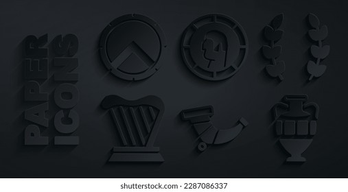 Set Hunting horn, Laurel wreath, Harp, Ancient amphorae, Greek coin and shield icon. Vector