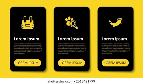 Set Hunting horn, Paw search and Bulletproof vest. Business infographic template. Vector