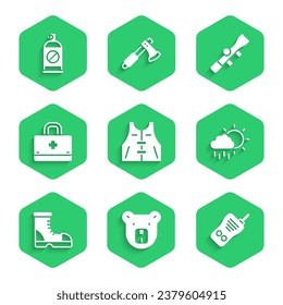 Set Hunting jacket, Bear head, Walkie talkie, Cloud with rain, Hunter boots, First aid kit, Sniper optical sight and Spray against insects icon. Vector