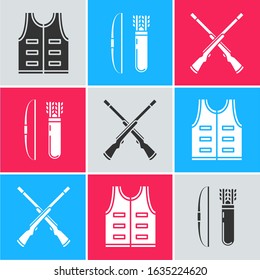 Set Hunting jacket, Bow and arrow in quiver and Two crossed shotguns icon. Vector