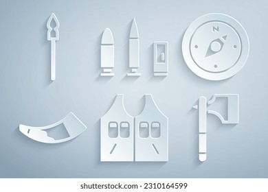 Jagdjacke, Kompass, Horn, Holzaxt, Kugel und Patrone und mittelalterliche Speersymbol. Vektorgrafik