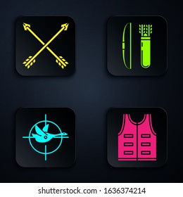 Set Hunting jacket, Crossed arrows, Hunt on duck with crosshairs and Bow and arrow in quiver. Black square button. Vector