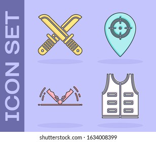Set Hunting jacket, Crossed hunter knife, Trap hunting and Hunt place icon. Vector