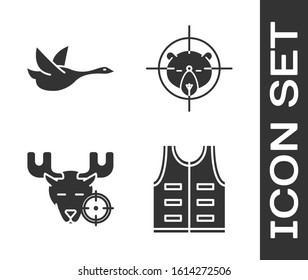 Set Hunting jacket, Flying duck, Hunt on moose with crosshairs and Hunt on bear with crosshairs icon. Vector