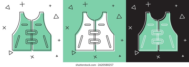 Set Hunting jacket icon isolated on white and green, black background. Hunting vest.  Vector