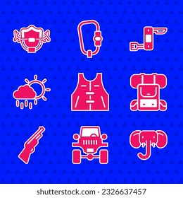 Set Hunting jacket, Off road car, Elephant, Hiking backpack, gun, Cloud with rain, Swiss army knife and Deer antlers on shield icon. Vector