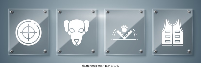 Set Hunting jacket, Trap hunting, Hunting dog and Target sport for shooting competition. Square glass panels. Vector