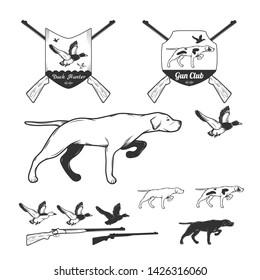 Set of hunting labels and logos isolated on white. Vector illustration.
