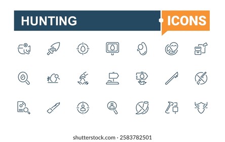 Set of Hunting line icons. Featuring sport, survival, tourism, tent, pack, dog, wild, box. Thin outline icons pack. Minimalist editable vector stroke.