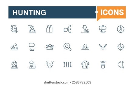 Set of Hunting line icons. Featuring sport, survival, tourism, tent, pack, dog, wild, box. Thin outline icons pack. Minimalist editable vector stroke.