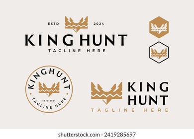 conjunto de plantillas de diseño de logotipo de caza con trampas con forma de corona y flechas símbolo vector para la caza de aventura al aire libre marca club de deportes identidad