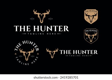 set of hunting logo design template with horned antelope or roe symbol vector for outdoor adventure hunt sports club brand identity